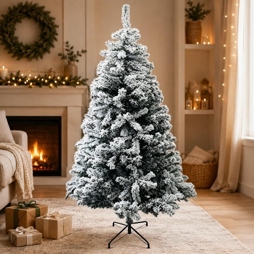 7ft white snow - flocked, green